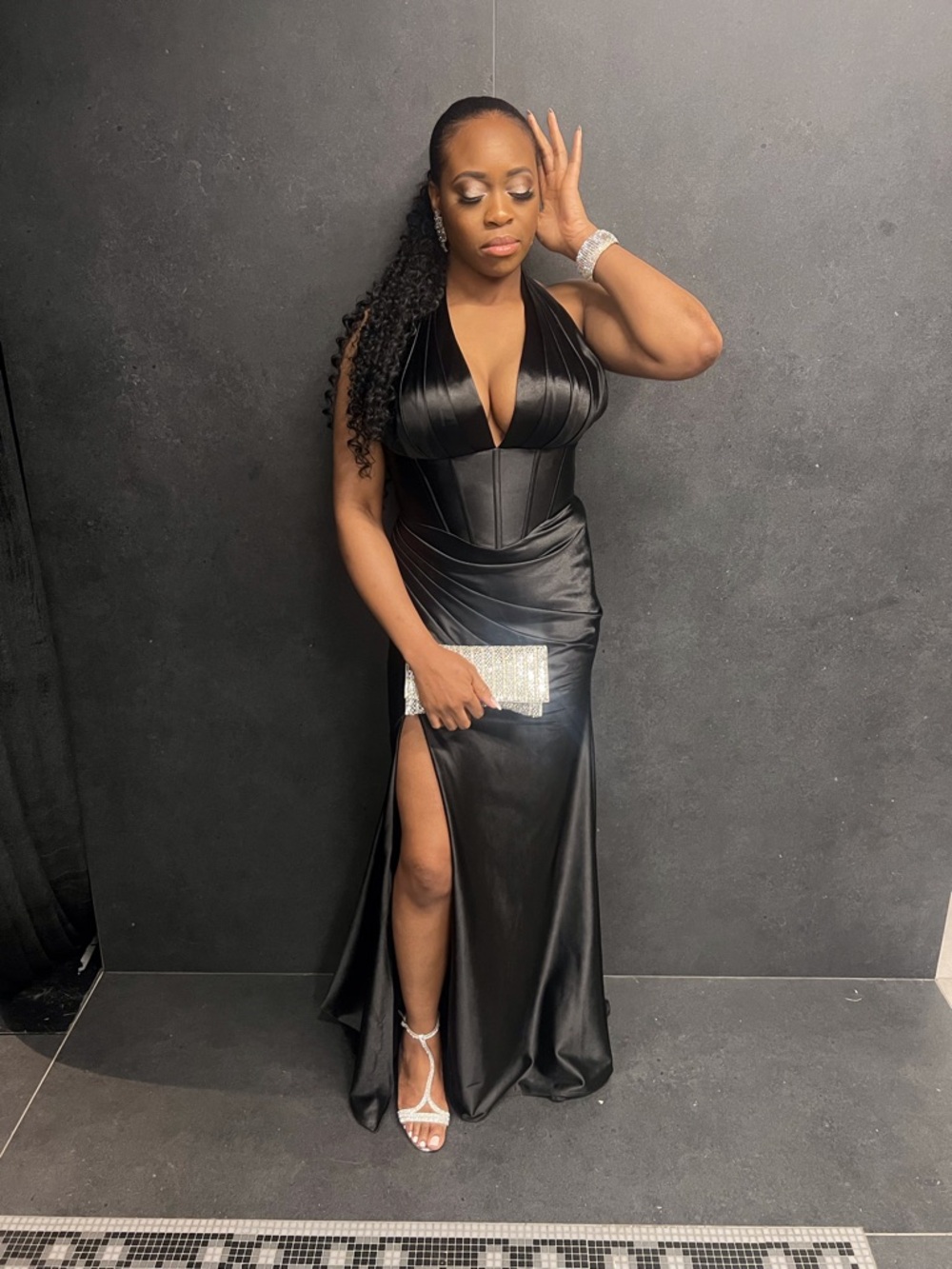 Black Halter Satin Prom Gown with High Slit